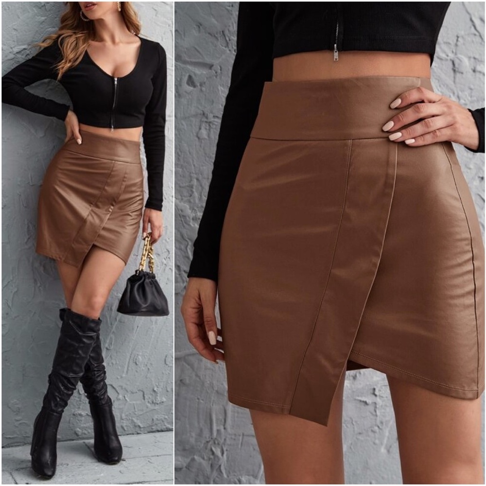 Red Asymmetrical Wide Waist Vegan Leather Bodycon Skirt - Picture 4 of 12